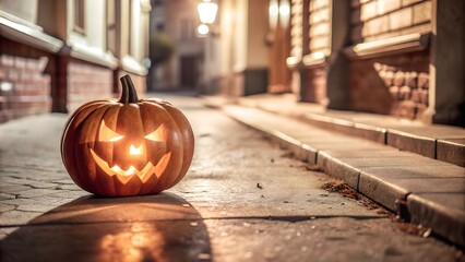 A single glowing jack-o'-lantern on an empty street corner, casting long shadows in the moonlight
