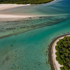 Drone capturing a peaceful bay at low tide, where the turquoise waters recede to reveal soft sandbars, surrounded by mangroves and dense greenery along the shore 