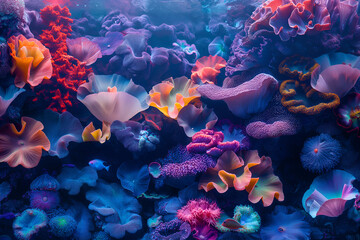 Coral Reef Symphony: A vibrant tapestry of colorful coral polyps flourishes in the depths, showcasing the beauty and biodiversity of a thriving marine ecosystem.