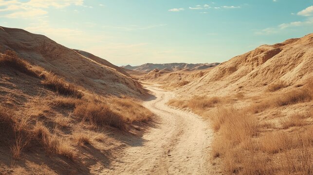 Lonely desert path winding through sandy hills, clear for text overlay. No people, copy space