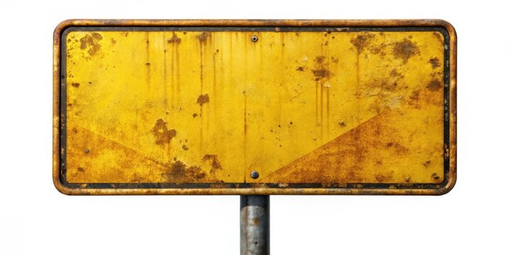Blank worn yellow caution sign with weathered edges and rusted metal pole