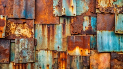 Panoramic view of old, rusty, oxidized, eroded metal sheets showcasing corrosion and decay