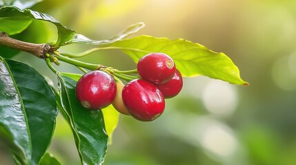 Coffee cherries on the branch, ready for harvest, vibrant red against green leaves