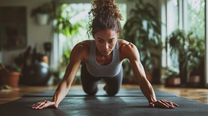 Fit Woman Practicing Push-Ups at Home Workspace