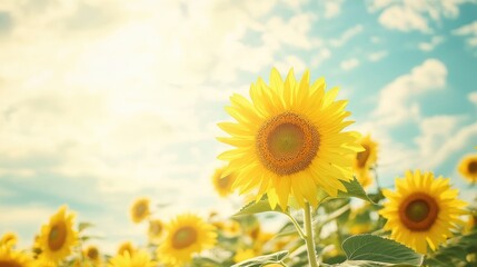 Obraz premium Open sunflower field under a bright summer sky, with plenty of space for text or design