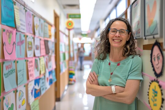 Teacher Standing in School Hallway Celebrating World Teachers Day with Student Posters Project