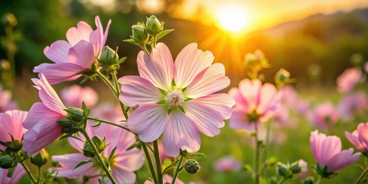 Musk mallow malva moschata rosea flowers glowing in the evening sunlight