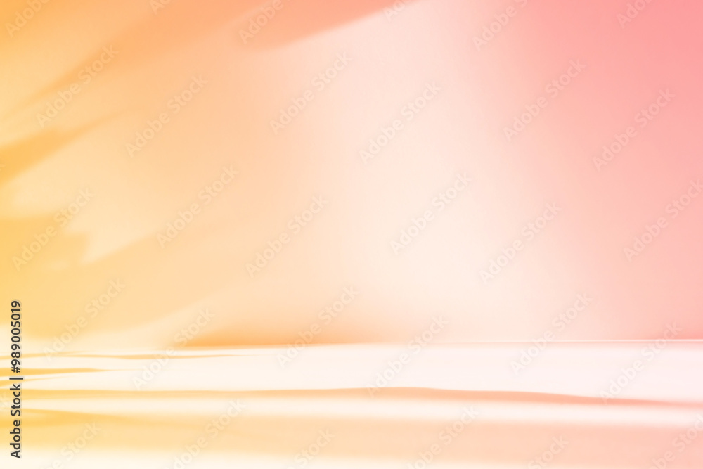 Poster Abstract orange color gradient studio background for product presentation. Empty room with shadows of flowers and plant leaves. 3d pink room with copy space. Summer concept. Blurred backdrop