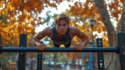 Young Man Performing Push-Ups in Autumn Park Setting