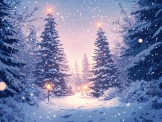 Naklejka premium Snowy Forest Path with Christmas Lights at Twilight