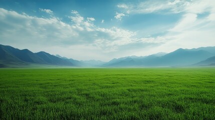 Fototapeta premium Serene, green field bordered by distant mountains, providing ample space for copy