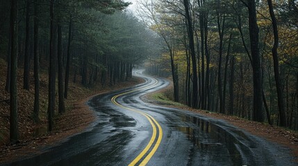 Fototapeta premium A winding road through the forest during a rainstorm, with trees on both sides and puddles forming on the asphalt.