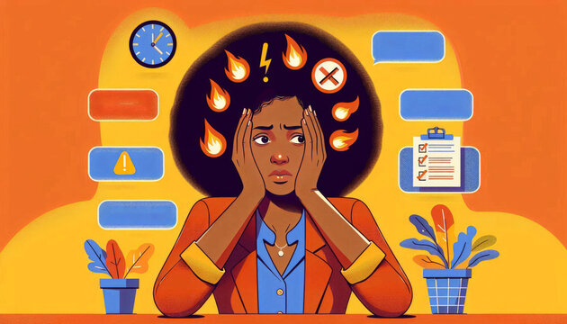 Burnout Prevention, Overwhelm, Avoidance, Exhaustion, Urgent, Corporate Background, One Person illustration