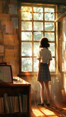 Teacher Reflecting by Classroom Window with World Teachers Day Award in Warm Sunlight