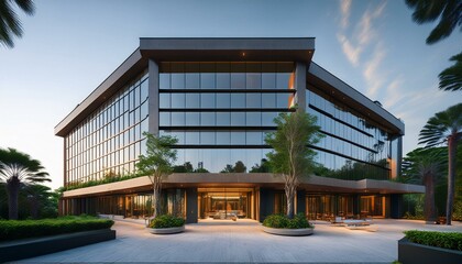 Obraz premium luxury hotel building with glass facade having a grand entrance porch