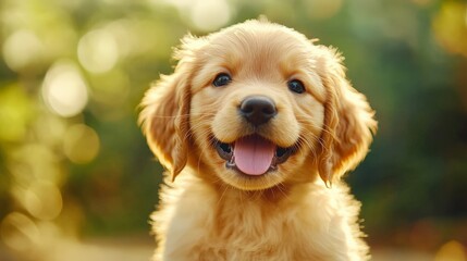 Adorable golden retriever puppy with a happy face, enjoying a sunny day outdoors with a blurred green background.