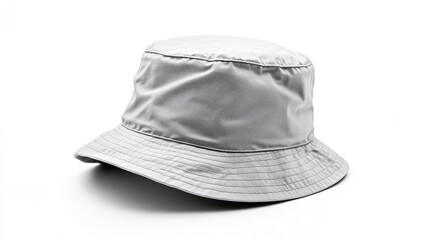 A grey bucket hat lying flat on a white background, perfect for corporate branding or design presentations.