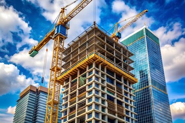 Photo construction cranes and highrise buildings under construction against blue sky