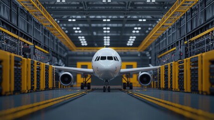 Airplane in a modern hangar with bright lights and spacious design.