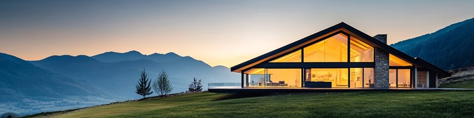 Obraz premium Modern mountain house at sunset