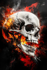 Graphic Skull with Exploding Colors.  Generated image.  A digital illustration of a creepy skull with exploding colors of blues and purples.