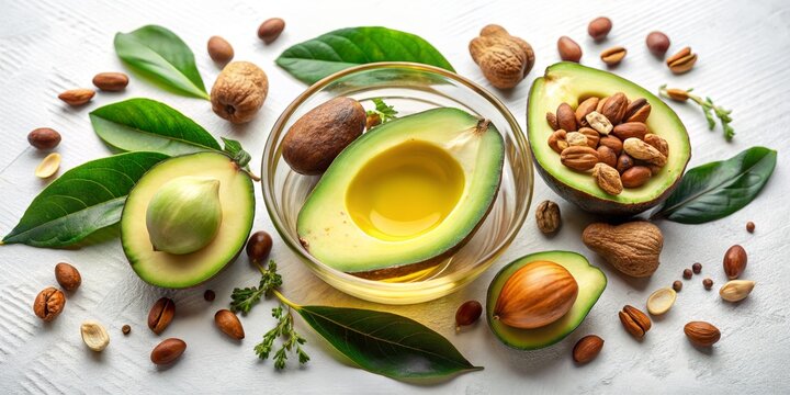 Avocado Oil and Nuts Still Life, Flat Lay, Food Photography, Healthy Fats, Vegetarian  , avocado oil, nuts, healthy fat, vegetarian diet