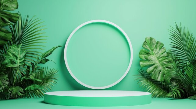 Circular podium with green background and tropical plants, minimalistic display setup.