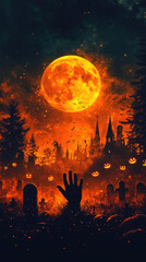 Obraz premium A chilling ambiance envelops a graveyard at dusk, featuring a bright orange moon and Jack-o'-lanterns, creating an atmosphere of Halloween mystery