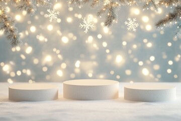 Smooth Podiums on Snowy Background with Lights