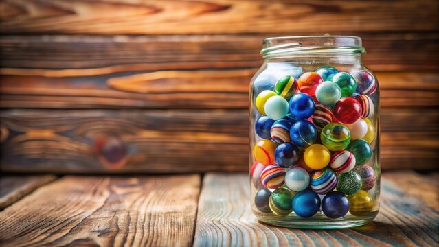 Colorful marbles in glass jar on wooden table