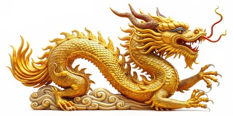 Fototapeta premium Golden Dragon Sculpture on Cloud, Chinese Dragon, Asian Art, Mythical Creature, Dragon Statue
