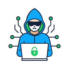 Minimalist Hacker Icon, Blue and Green Tones, Cybersecurity Concept