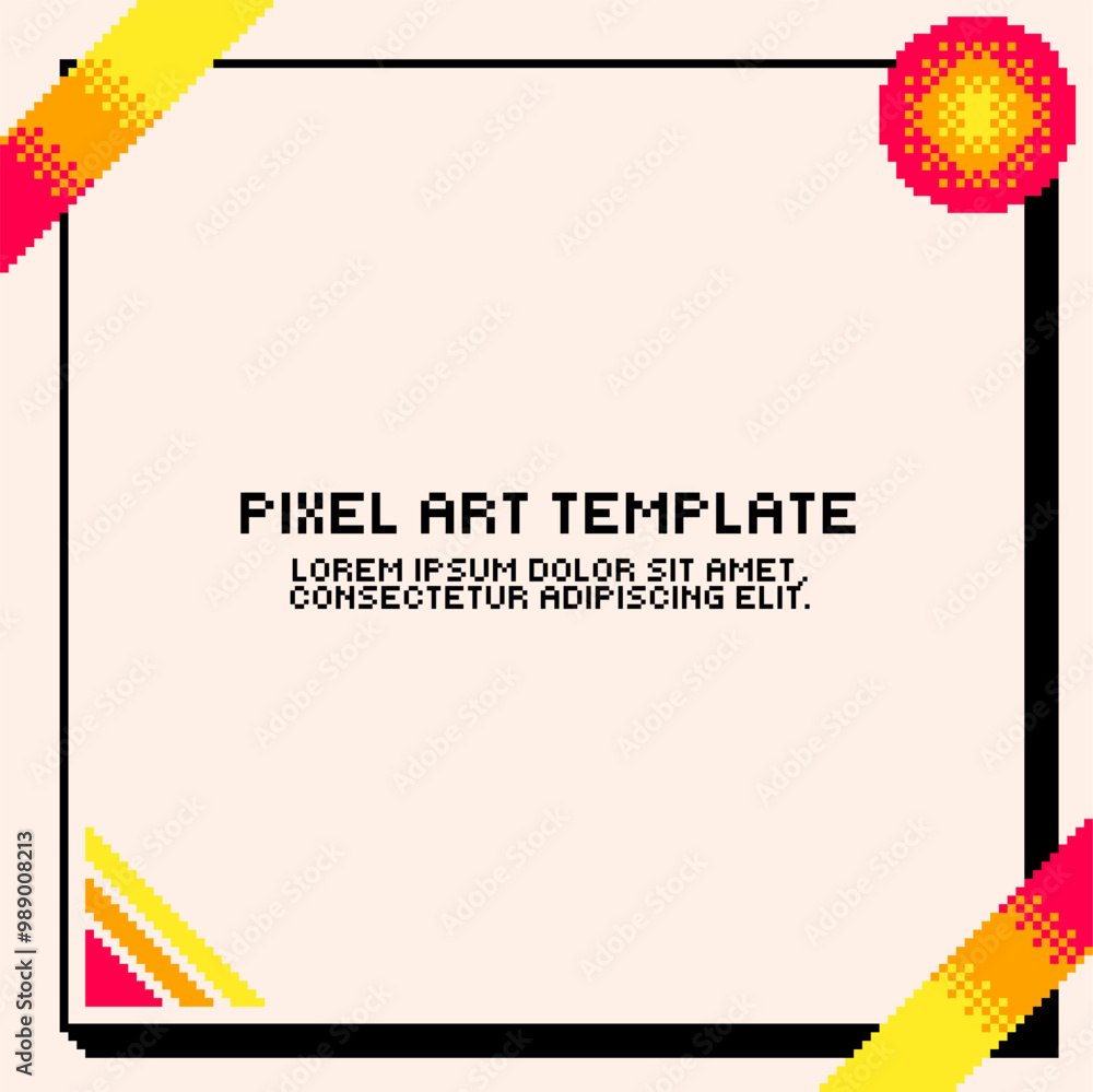 Poster pixel art styled squared black and white frame template background with red gradient ribbon decorate