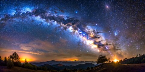 Fototapeta premium Milky Way Over Mountain Range with Sunset Glow, night sky, milky way galaxy, astrophotography, landscape photography