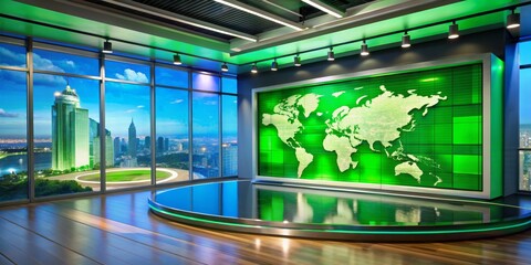 Modern Studio with World Map Backdrop, 3D Rendering, Green Screen, News Studio, Night City View,  studio, green screen, news, television, broadcast,
