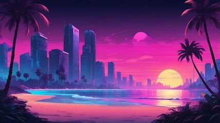 Obraz premium Synthwave style landscape with sea beach and silhouette modern metropolis in the background