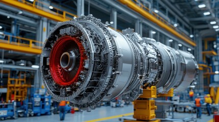 Jet engine in a factory environment, showcasing modern engineering and manufacturing.