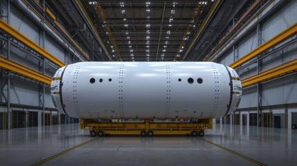 Large white industrial container in spacious manufacturing facility.