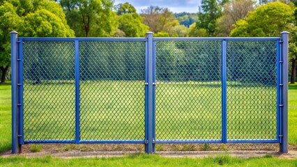 Grey metal perforated fence with blue posts standing in a green clearing