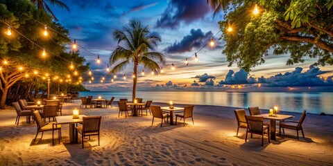 Fototapeta premium Romantic Beachside Dinner at Sunset, Palm Trees, String Lights, Ocean View, Sand, Tropical Paradise, beach , sunset , restaurant , tropical