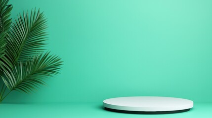 Fototapeta premium Minimalistic display with green wall and palm leaves in modern interior setting.