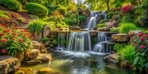 Serene Waterfall in a Lush Garden, Waterfall, Garden, Nature, Landscape