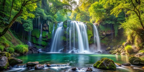 Obraz premium Serene Waterfall in a Lush Forest, Long Exposure Photography, Waterfall, Forest, Nature , Landscape