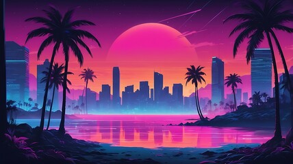 Obraz premium Synthwave style landscape with sea beach and silhouette modern metropolis in the background
