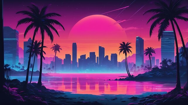Synthwave style landscape with sea beach and silhouette modern metropolis in the background