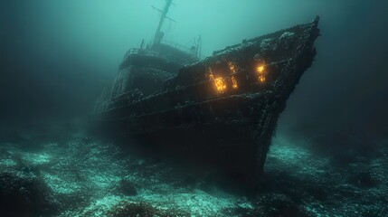 Fototapeta premium Glowing neon shipwreck surrounded by coral in dark underwater mystery picture