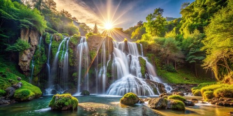 Obraz premium Sunlit Waterfall Cascading Through Lush Forest, waterfalls , nature , landscape , forest , scenery