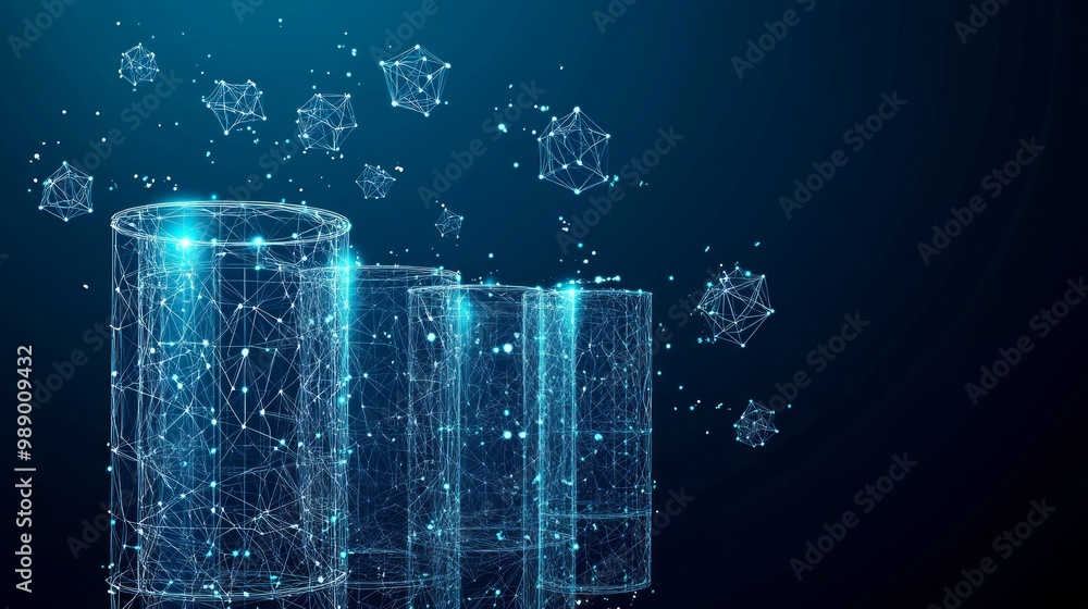 Poster polygonal battery. vector mesh spheres from flying debris. thin line concept. blue structure style i