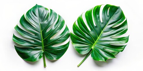 Fototapeta premium Two Green Monstera Leaves on White Background, Monstera Deliciosa, Tropical Leaf, Plant, Decoration, White Background