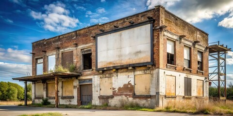 Dilapidated old building with faded billboard